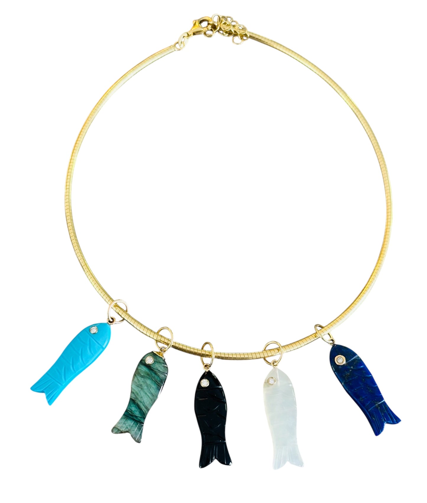 Triple Gem Fish Pendant, Turquoise with Diamond & Pink Sapphire