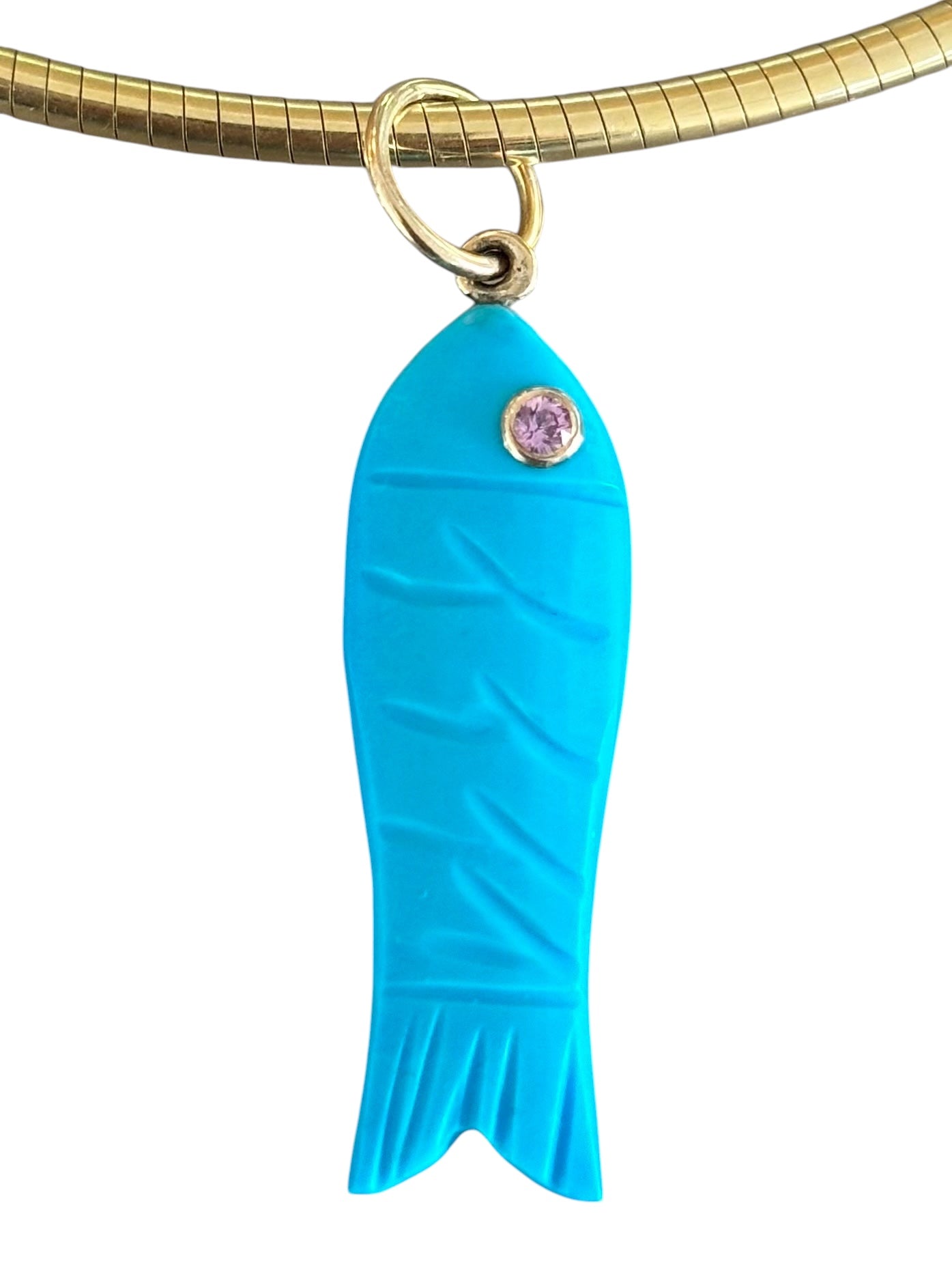 Triple Gem Fish Pendant, Turquoise with Diamond & Pink Sapphire