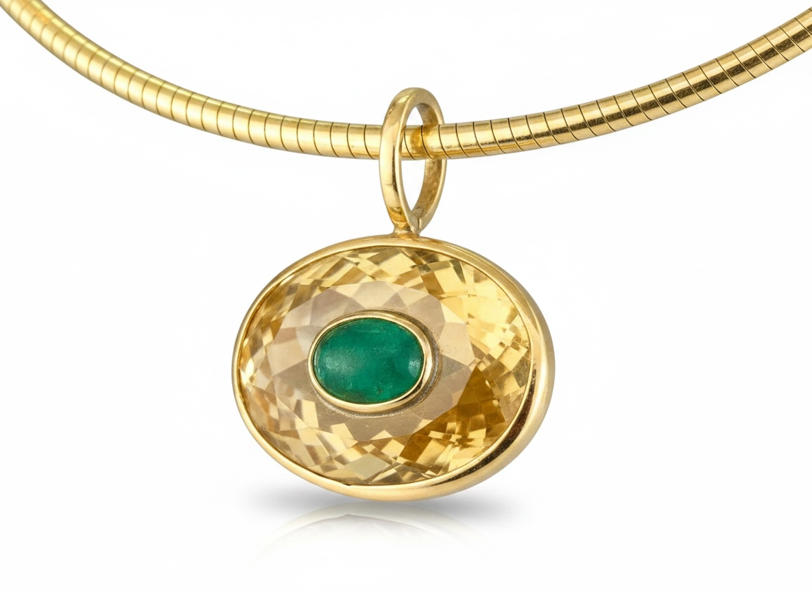 Disco Pendant, Citrine Oval with Emerald