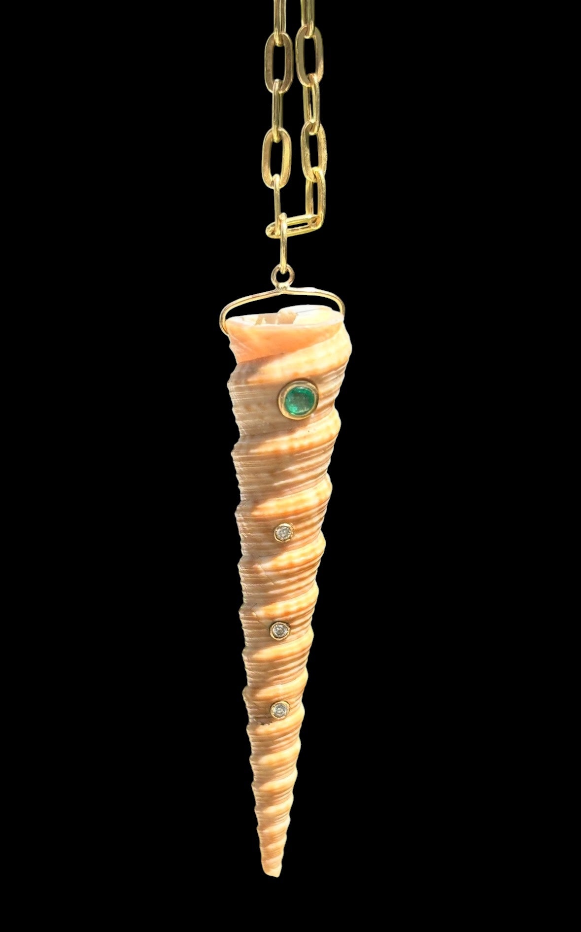 Natural Spiral Shell Pendant with Emerald & Diamonds