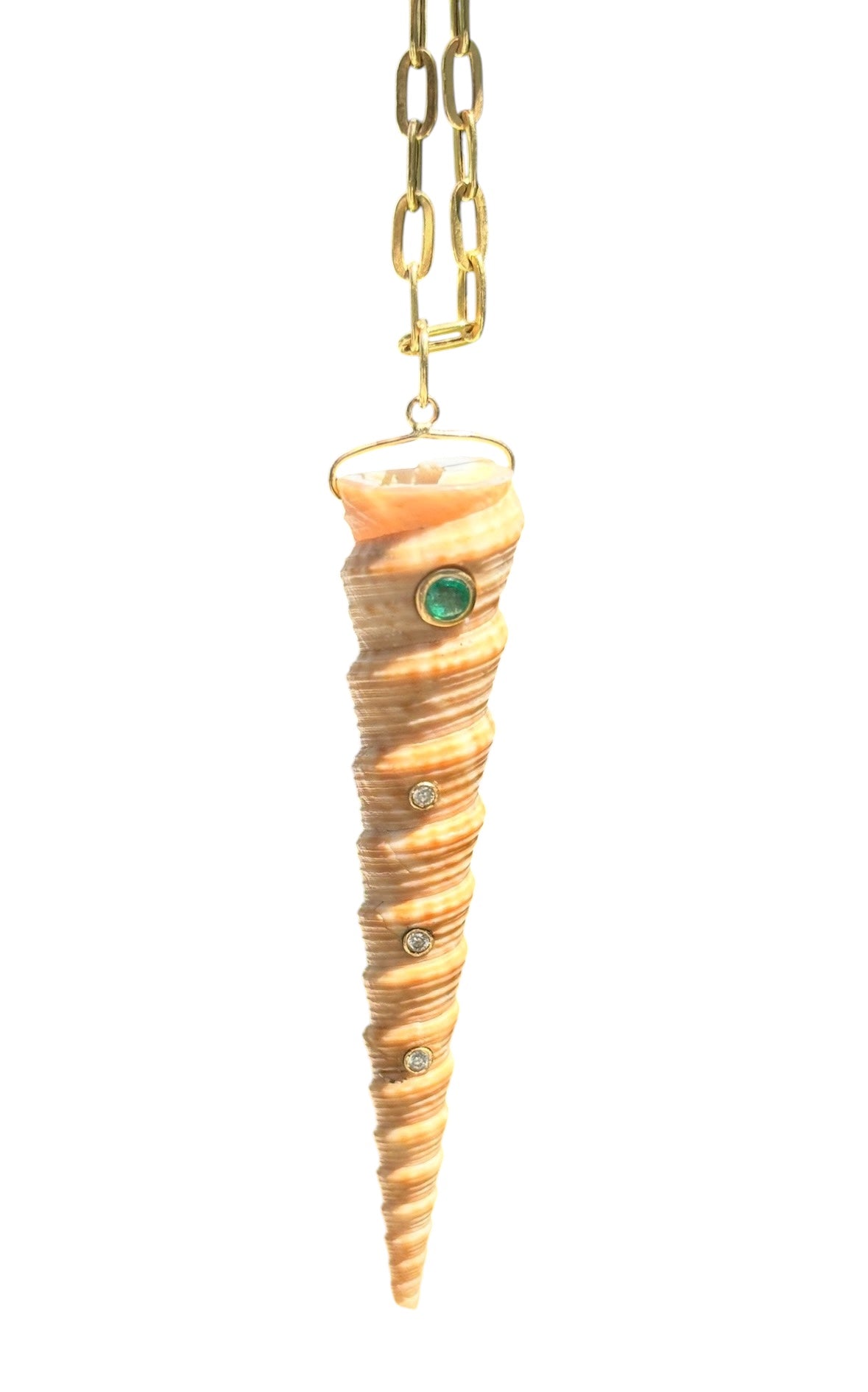 Natural Spiral Shell Pendant with Emerald & Diamonds