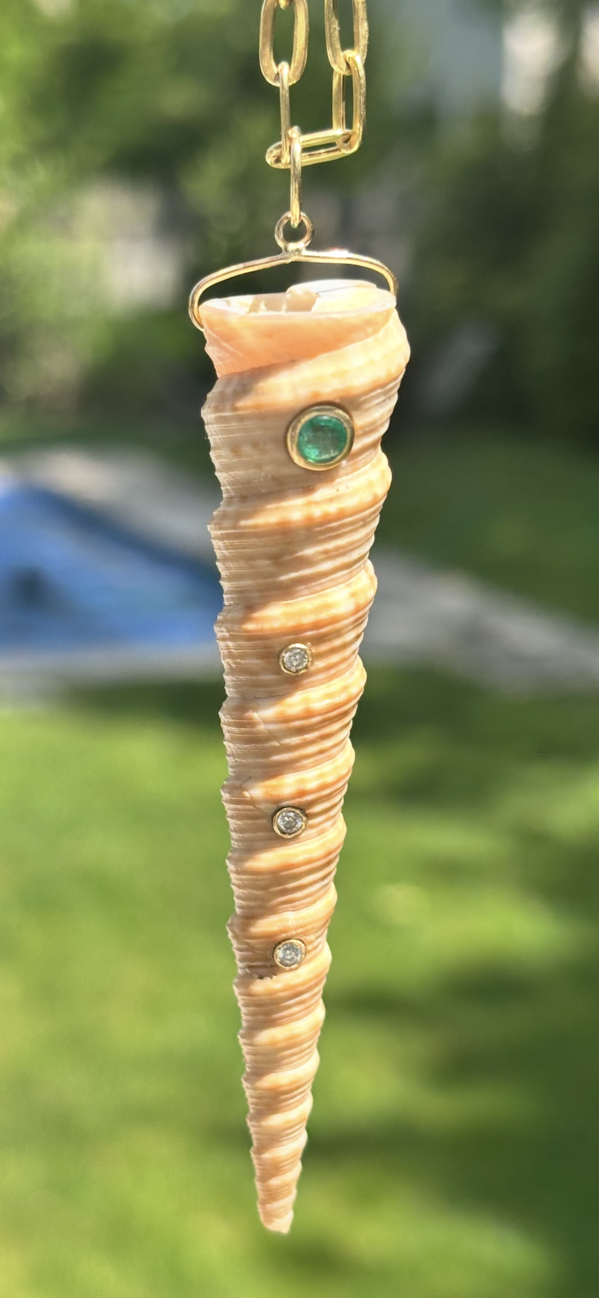 Natural Spiral Shell Pendant with Emerald & Diamonds
