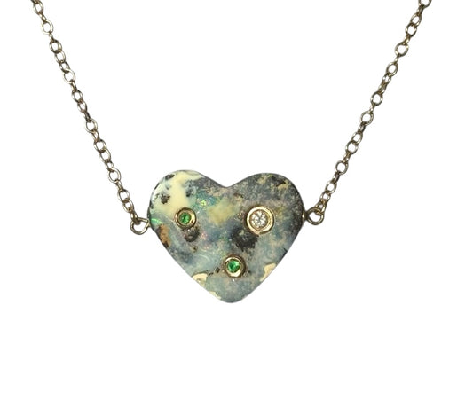 Australian Opal Heart Necklace with Diamond & Emeralds
