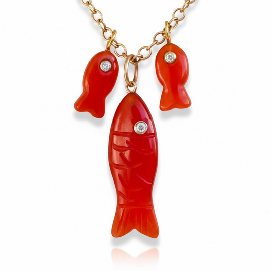 Carnelian Fish Pendants (trio) with Diamonds & Pink Sapphire