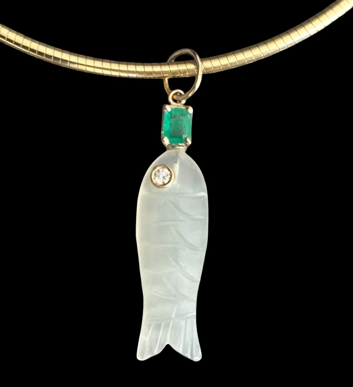 Perfect Poisson Moonstone Fish Pendant with Diamond Eye and Emerald