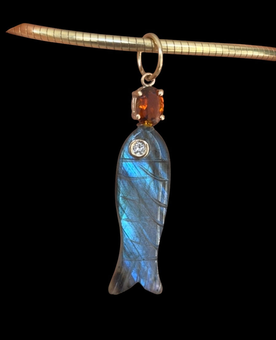 Perfect Poisson Labradorite Fish Pendant with Brown Tourmaline & Diamonds