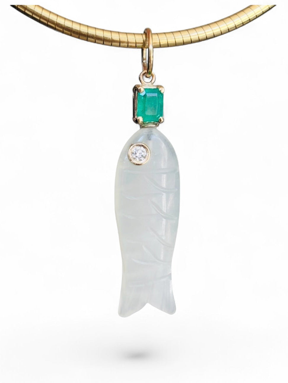 Perfect Poisson Moonstone Fish Pendant with Diamond Eye and Emerald