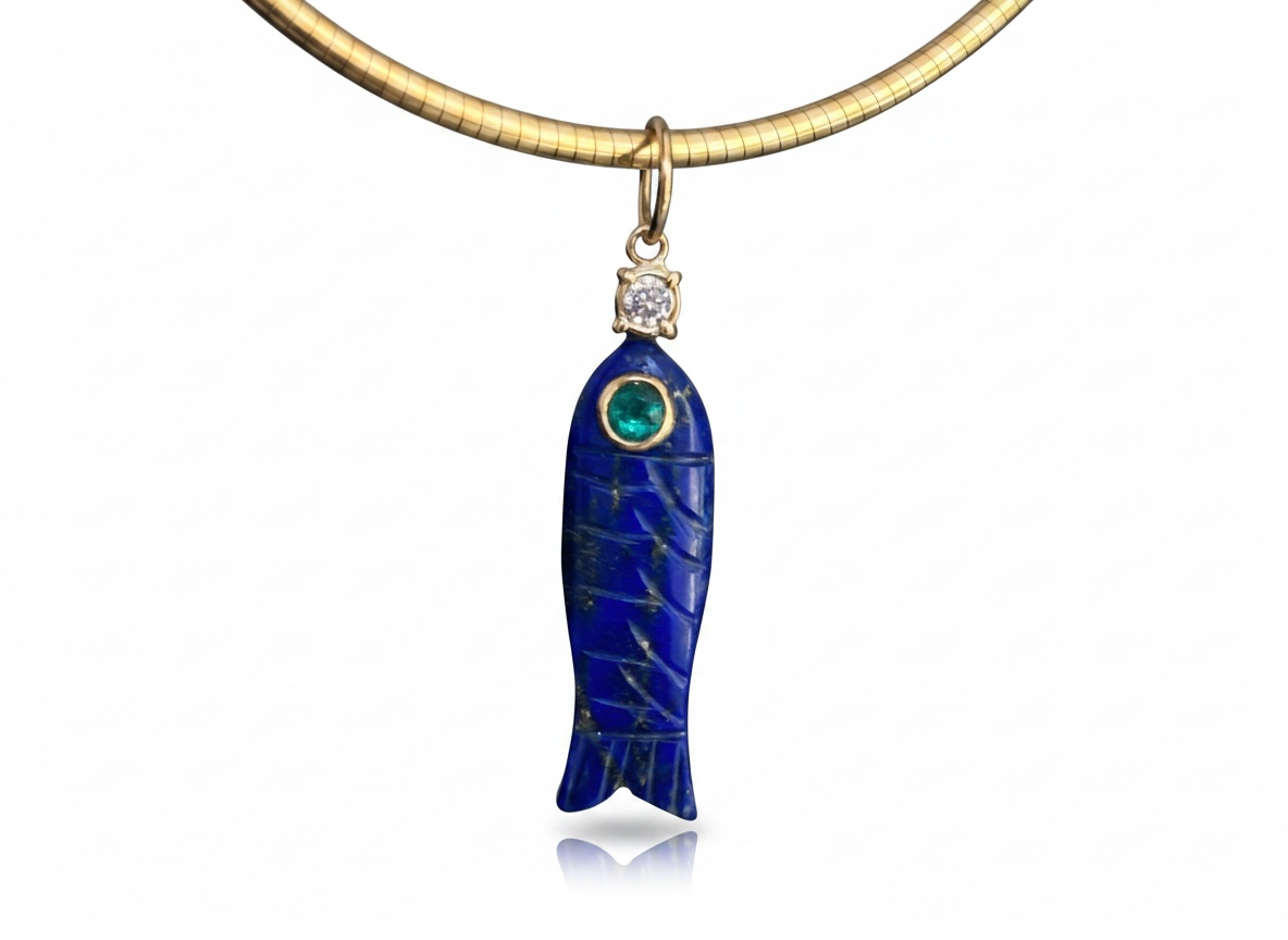 Perfect Poisson Lapis Fish Pendant with Emerald Eye & Diamond