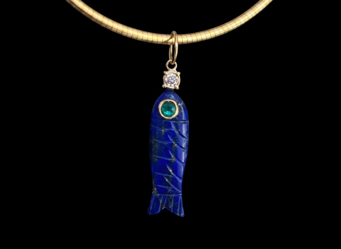 Perfect Poisson Lapis Fish Pendant with Emerald Eye & Diamond
