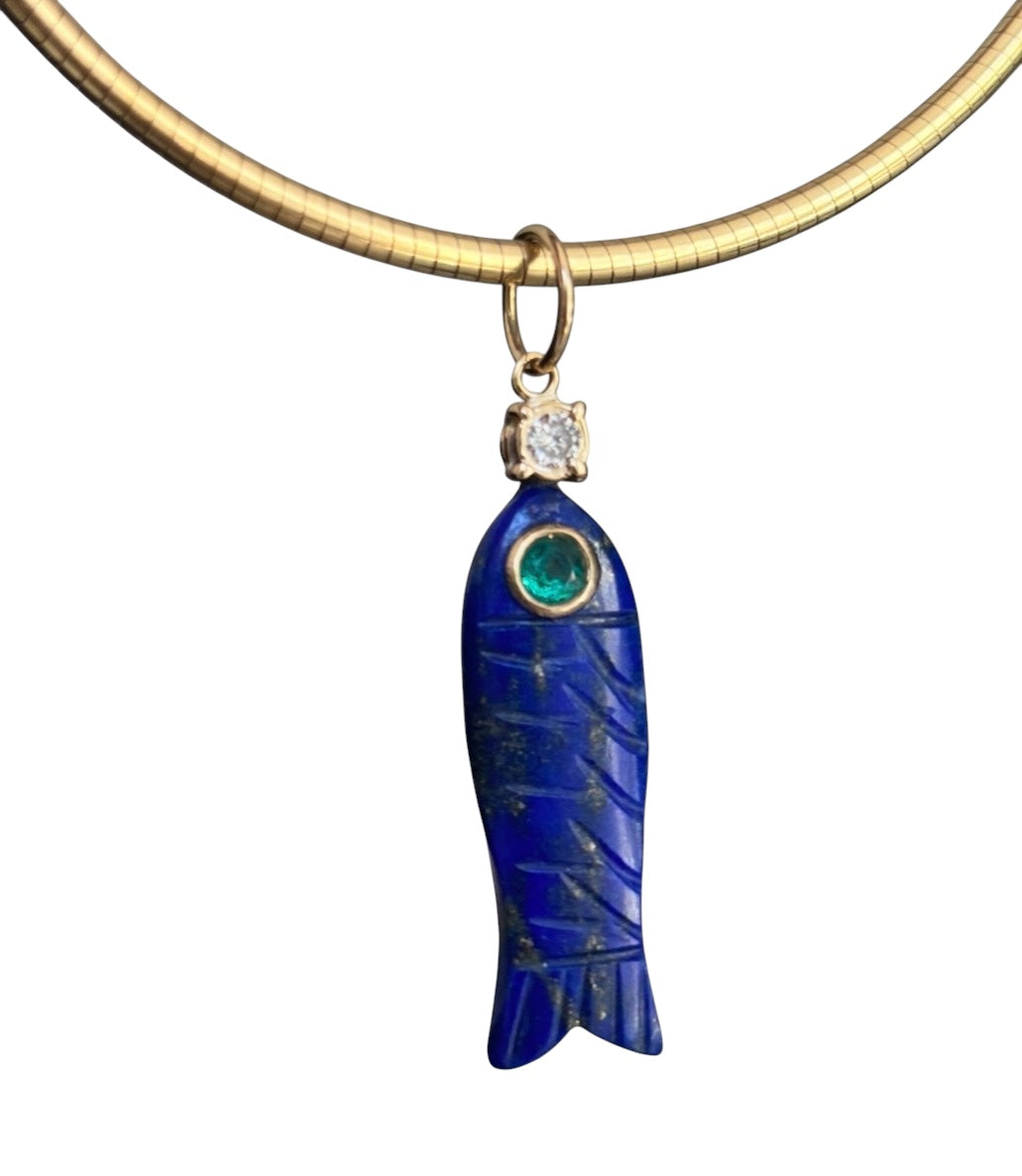 Perfect Poisson Lapis Fish Pendant with Emerald Eye & Diamond
