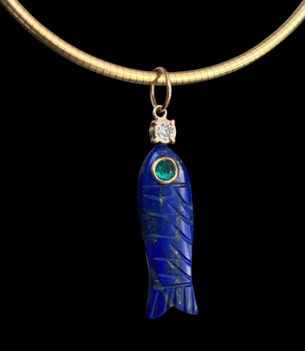 Perfect Poisson Lapis Fish Pendant with Emerald Eye & Diamond