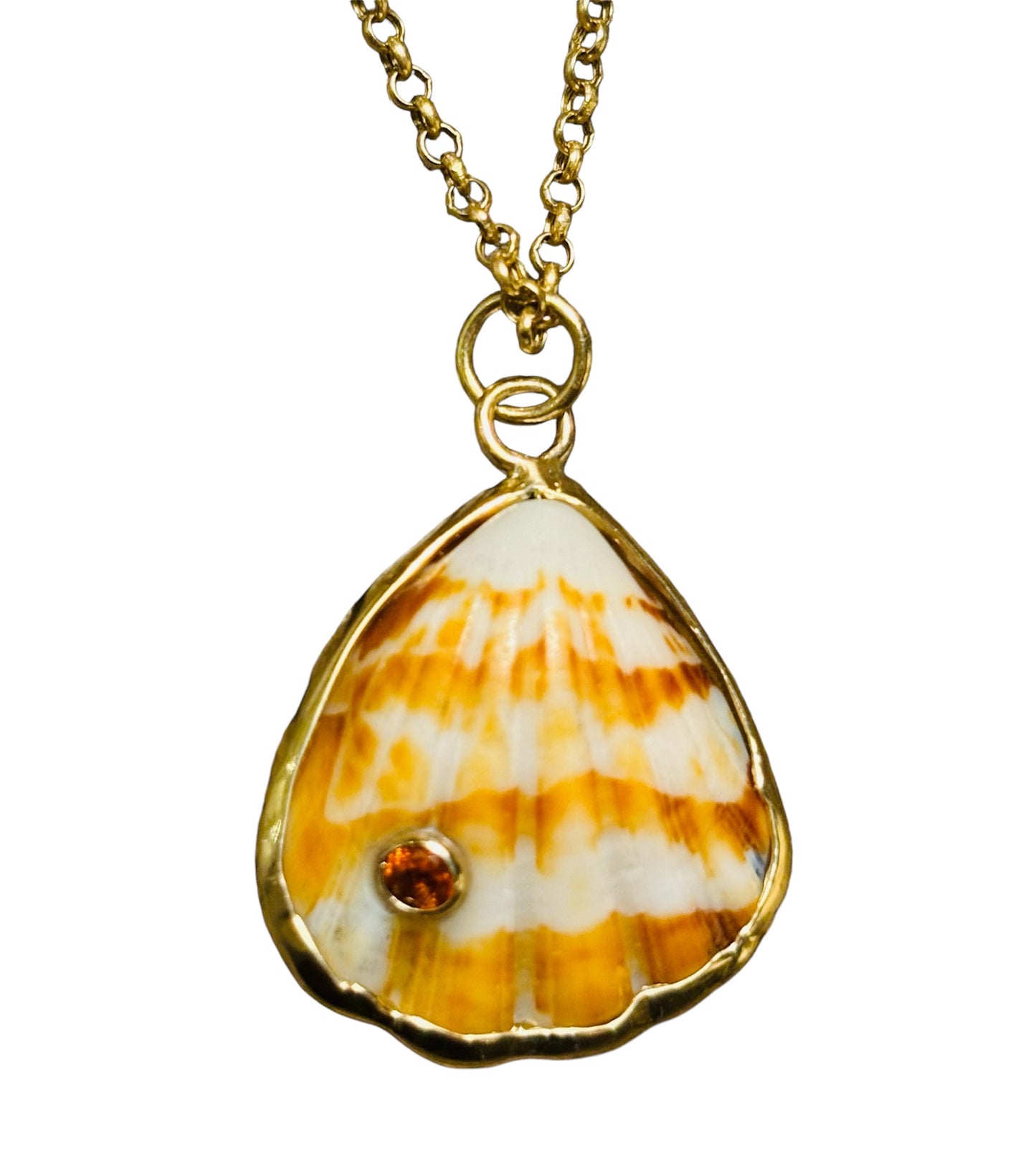 BALI Shell Pendant with orange sapphire and 14k gold