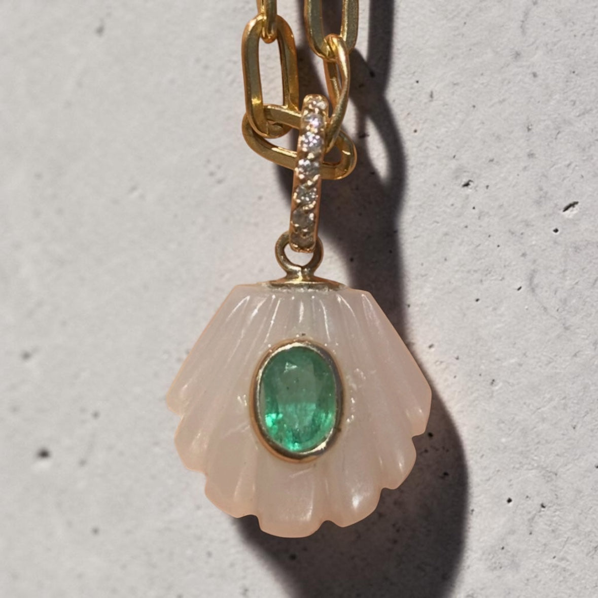 Moonstone Shell Pendant with Center Emerald & Diamond Bail