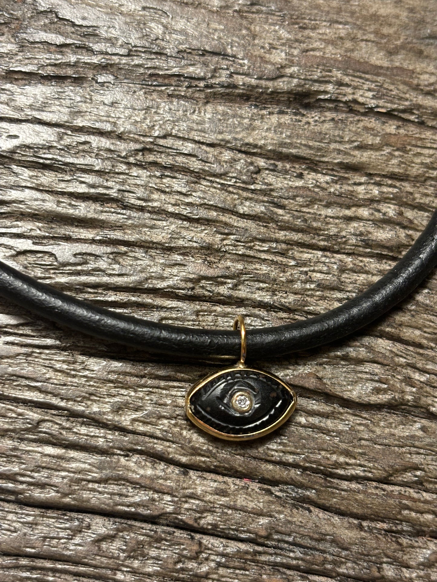 Evil Eye, double sided black tourmaline with diamond & emerald