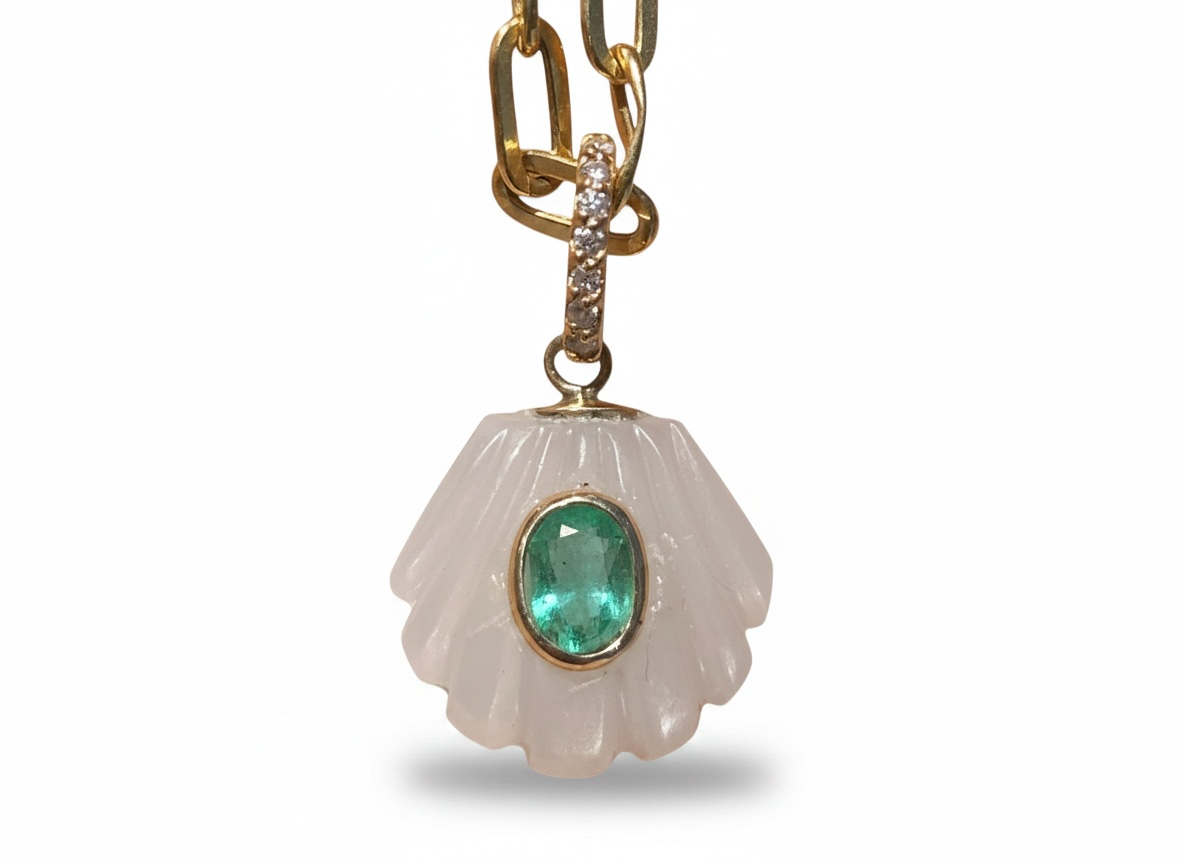 Moonstone Shell Pendant with Center Emerald & Diamond Bail