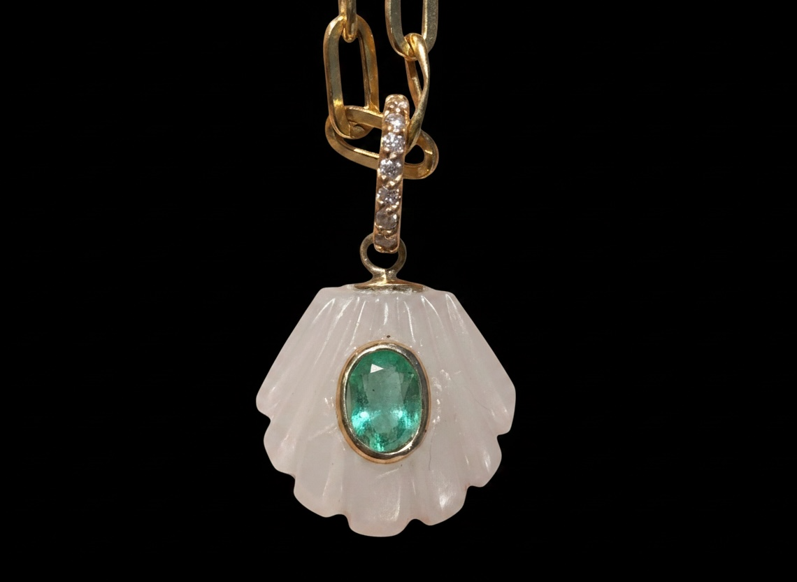 Moonstone Shell Pendant with Center Emerald & Diamond Bail