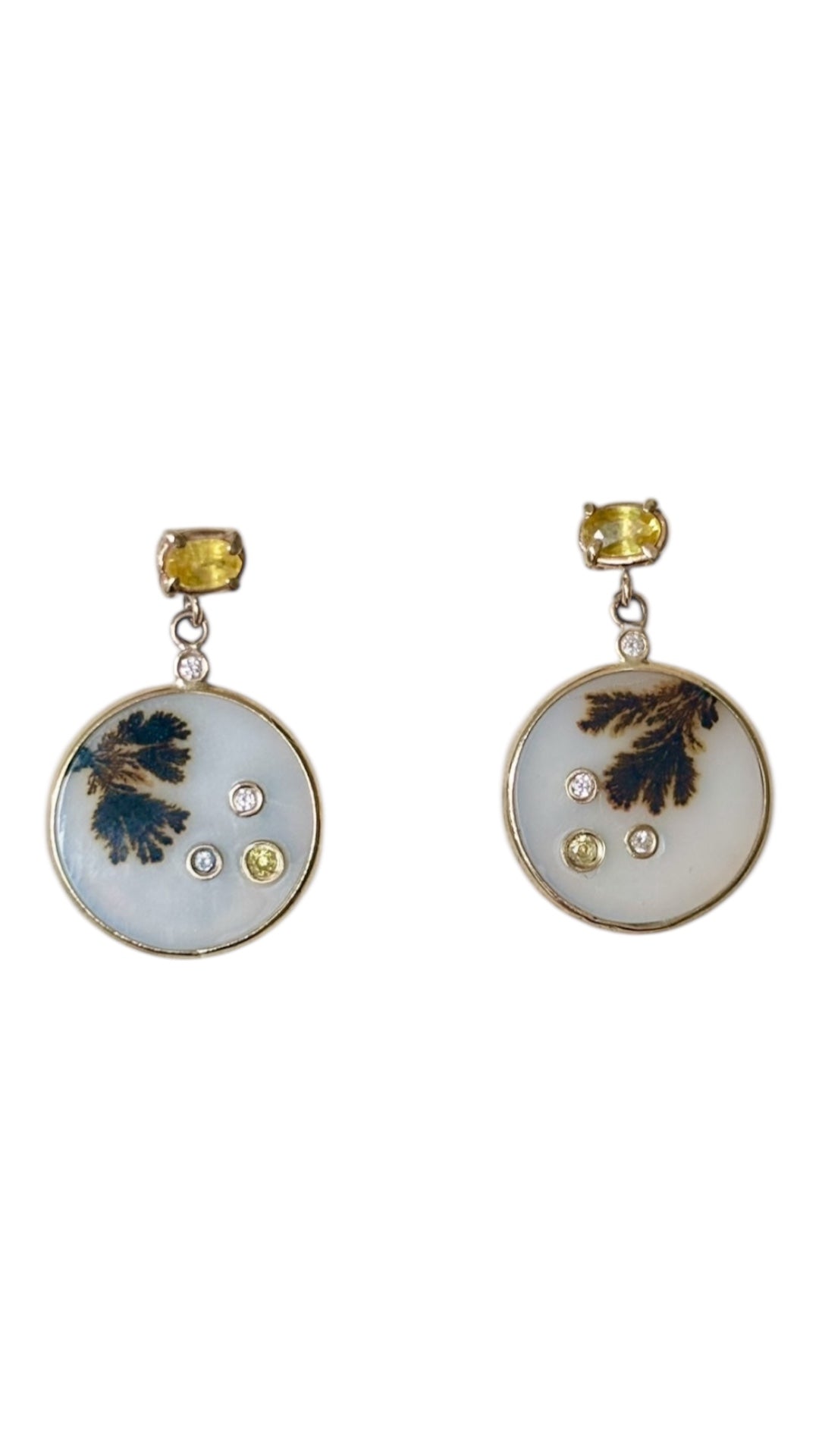 Dendritic Agate Earrings, with Yellow Sapphires and Diamonds