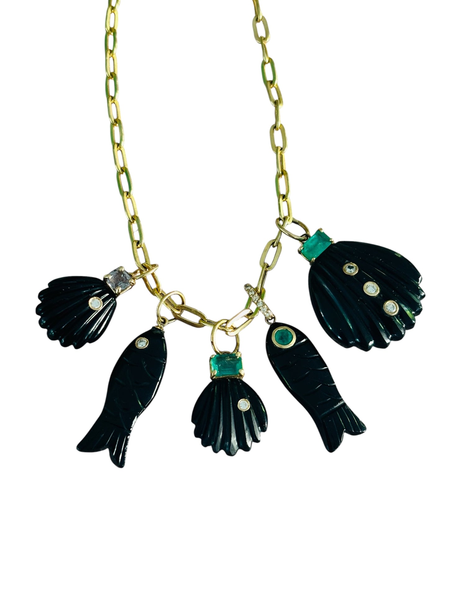 Black Onyx Shell Pendant (large) with Diamonds & Emerald