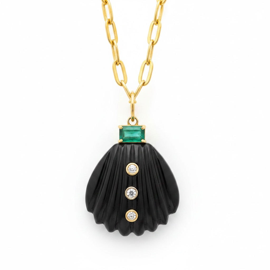Black Onyx Shell Pendant (large) with Diamonds & Emerald