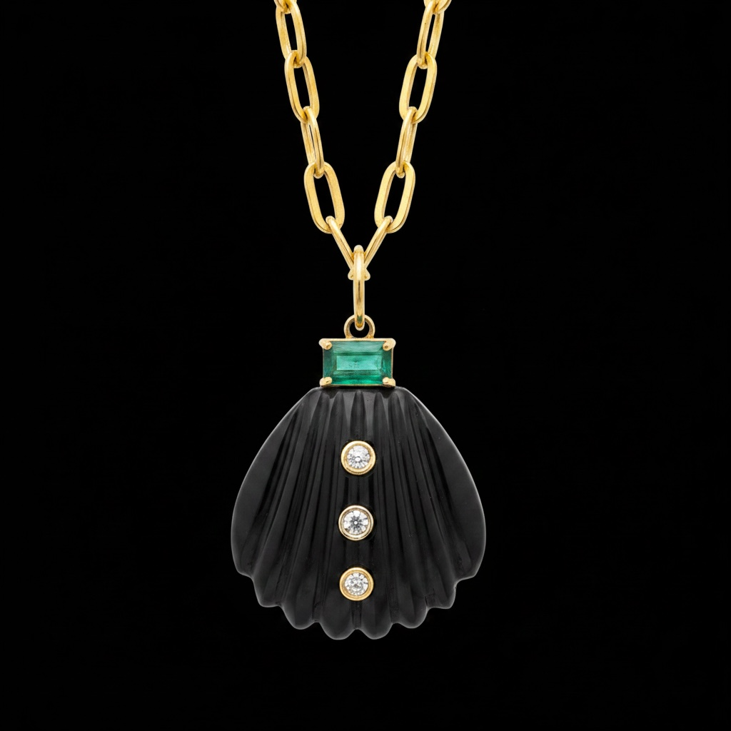 Black Onyx Shell Pendant (large) with Diamonds & Emerald