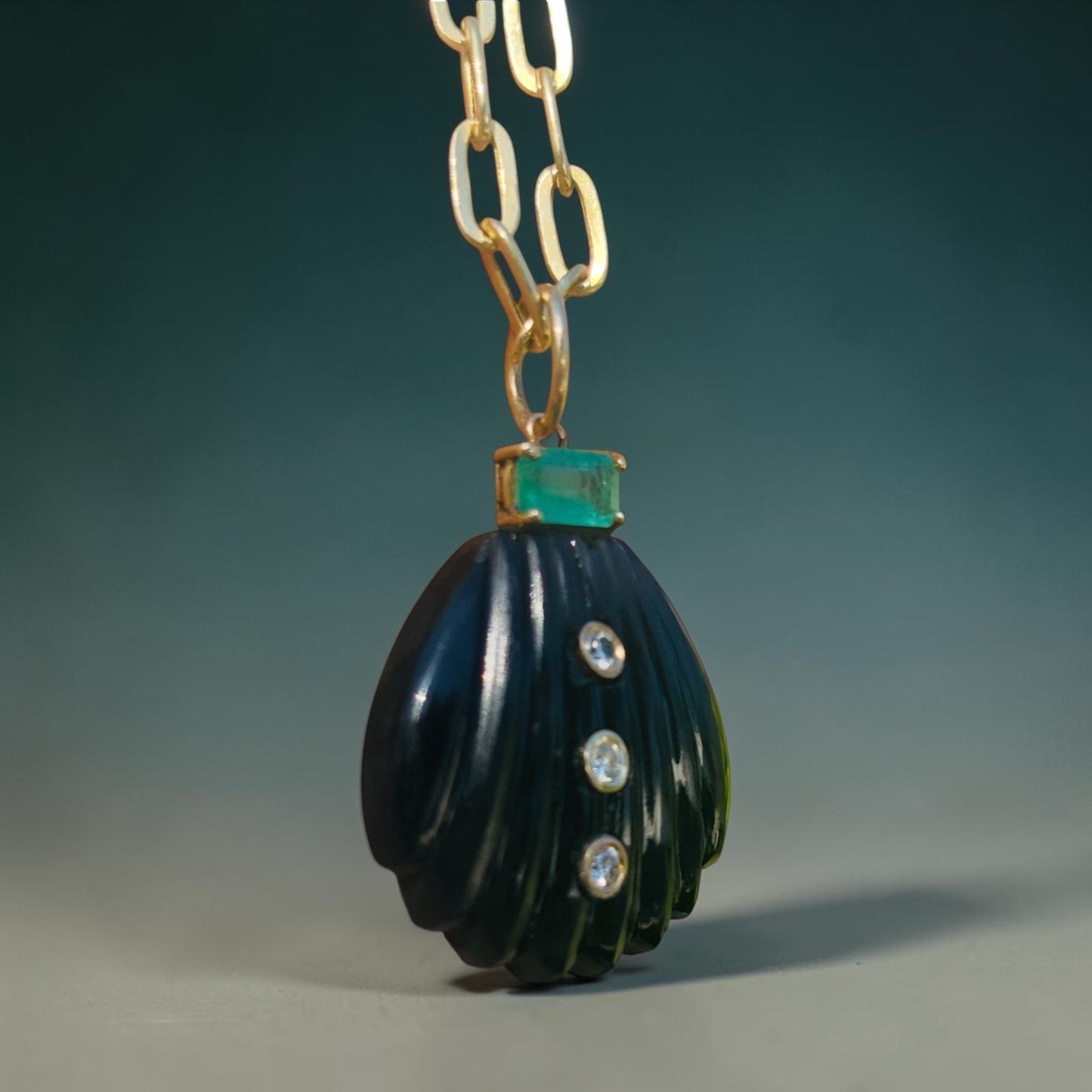 Black Onyx Shell Pendant (large) with Diamonds & Emerald