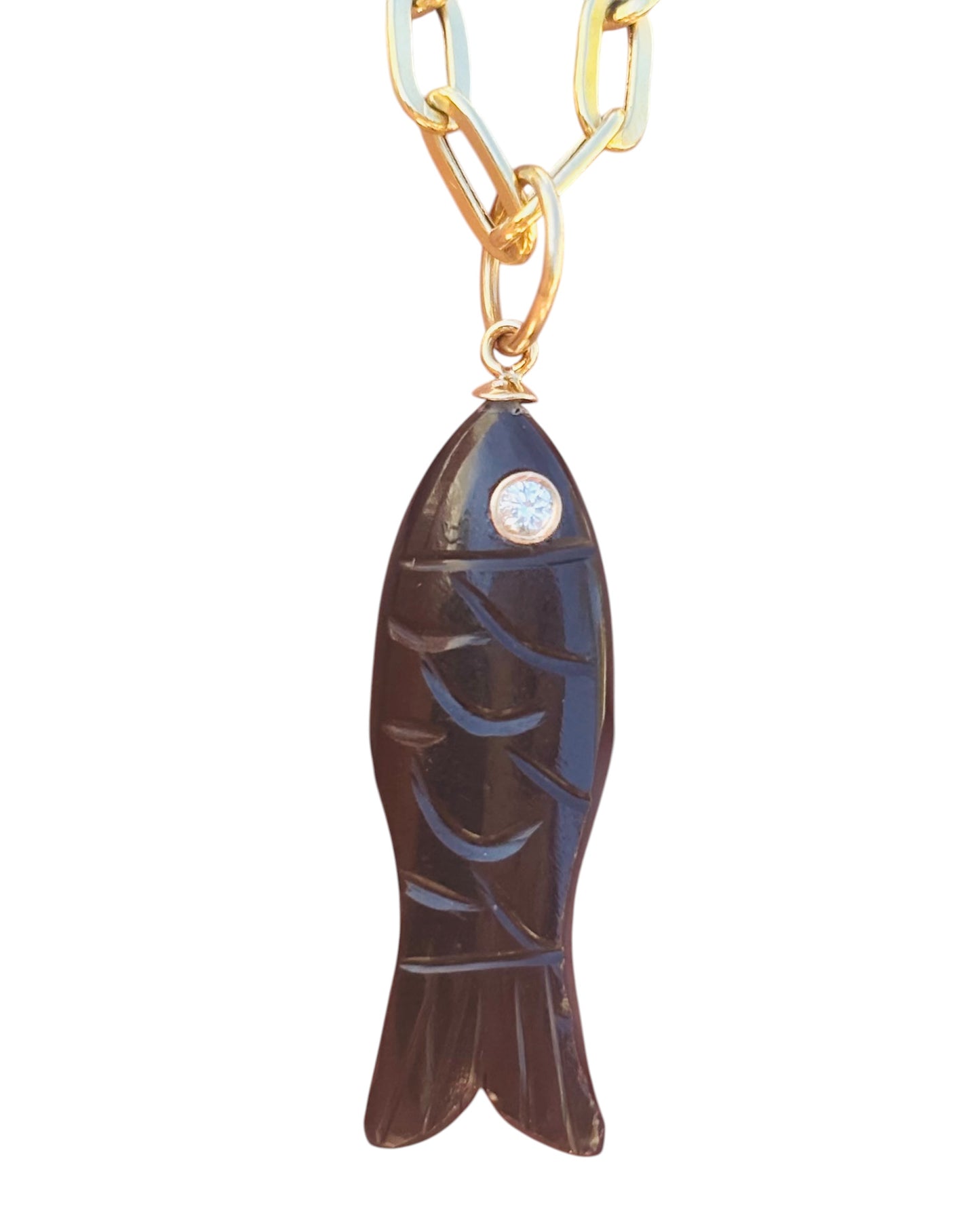 Triple Gem Fish Pendant, Black Onyx with Diamond & Emerald Eyes