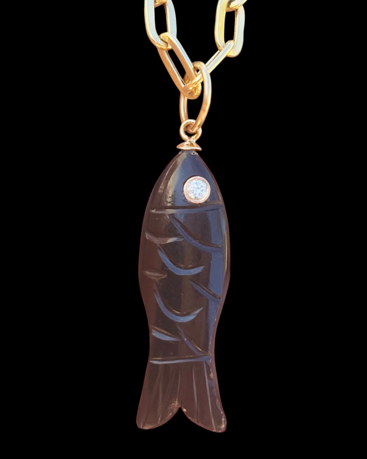 Triple Gem Fish Pendant, Black Onyx with Diamond & Emerald Eyes