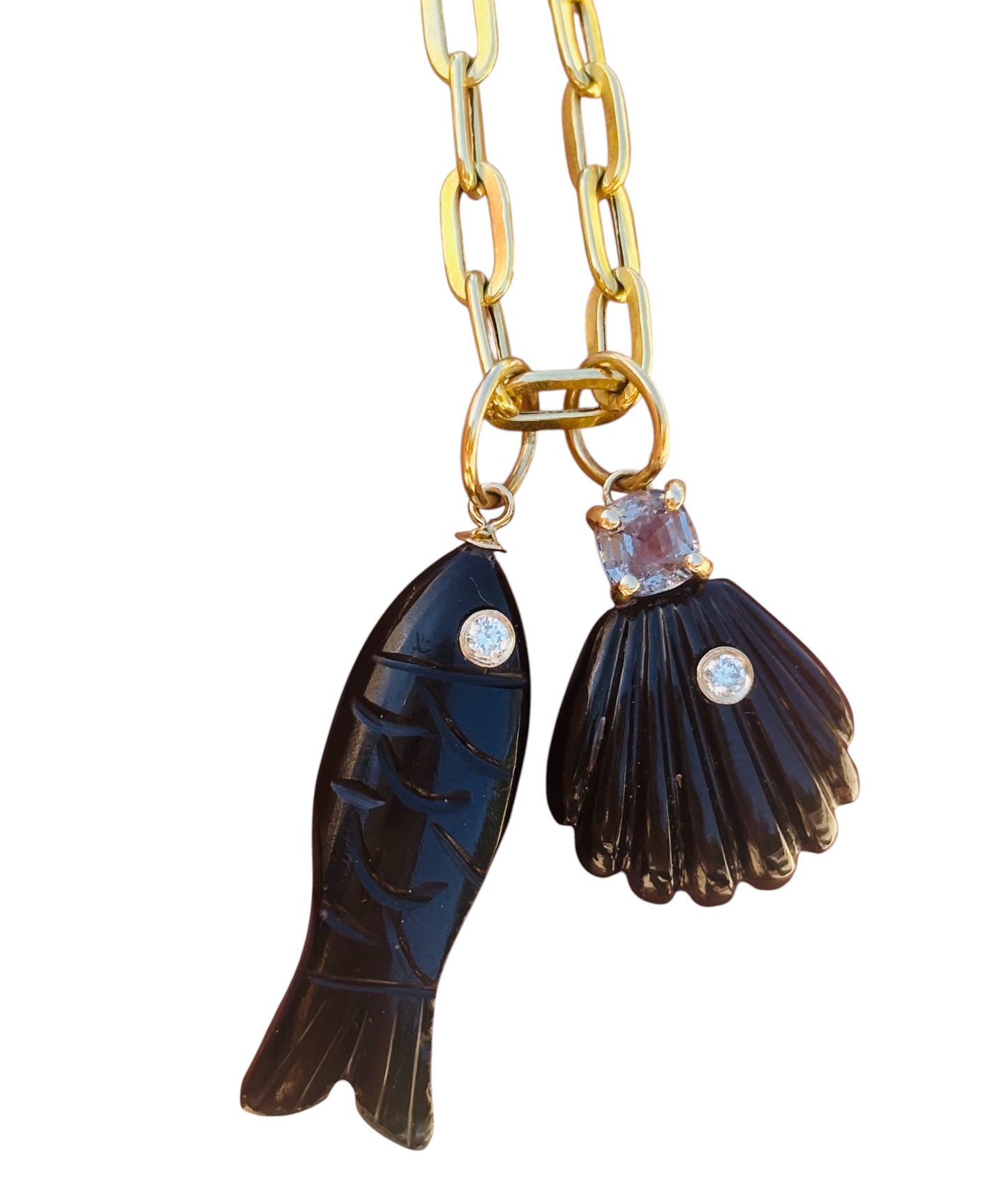 Triple Gem Fish Pendant, Black Onyx with Diamond & Emerald Eyes