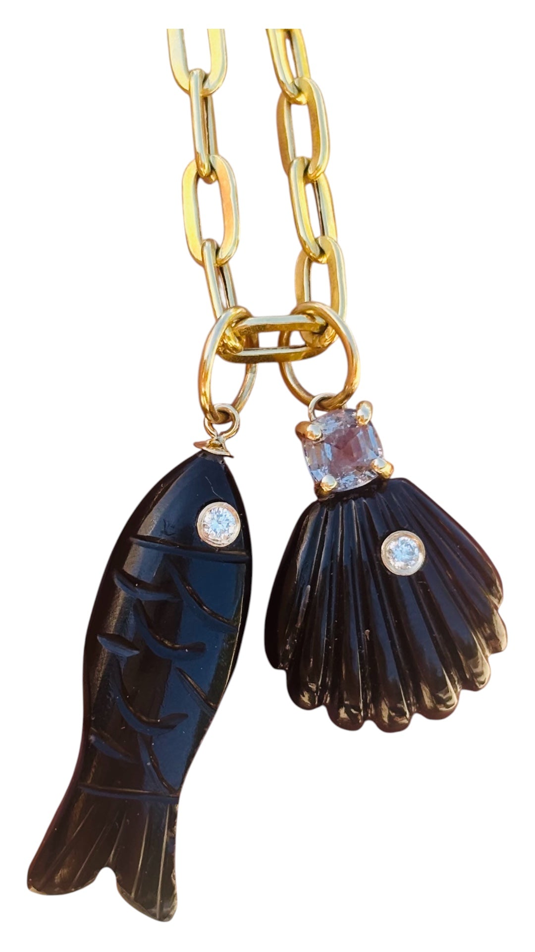 Triple Gem Fish Pendant, Black Onyx with Diamond & Emerald Eyes