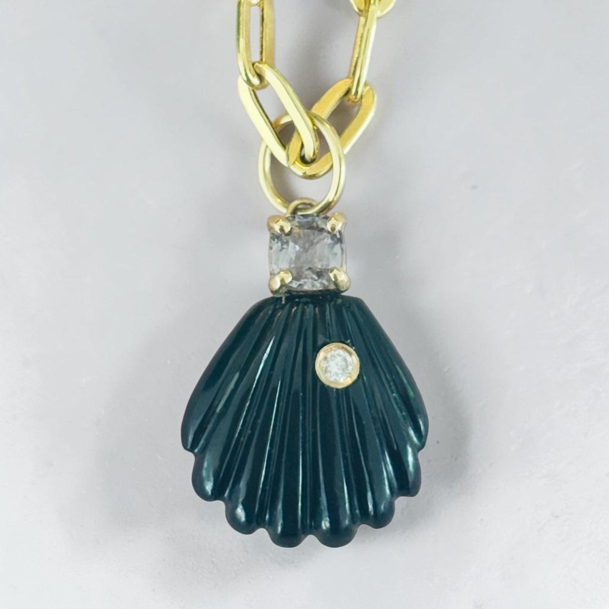 Black Onyx Shell Pendant with Diamond and Spinel