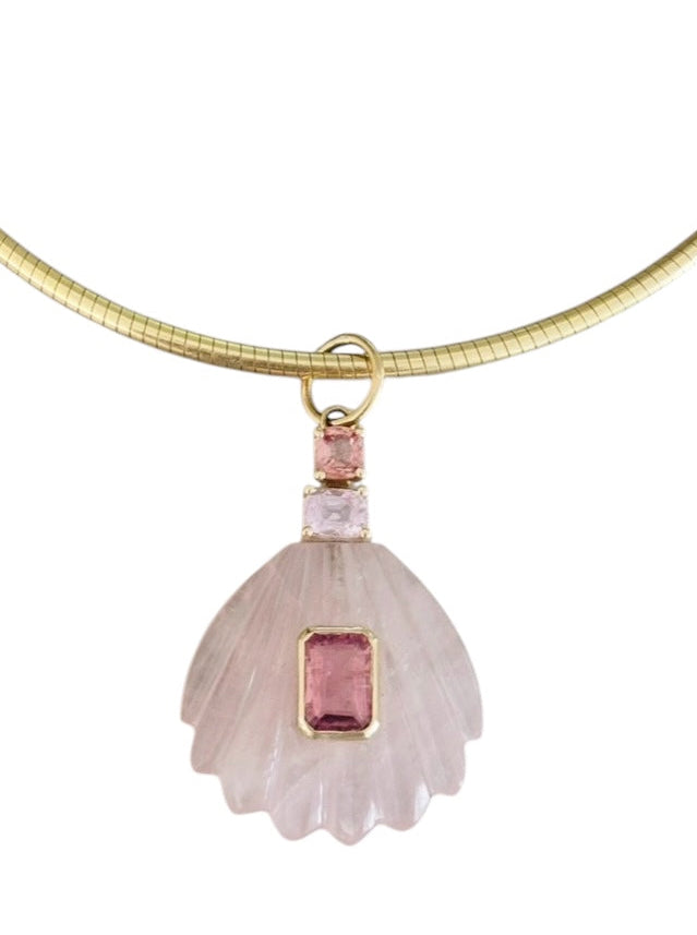 Rose Quartz Sea Shell Pendant with Pink Tourmaline & Spinel