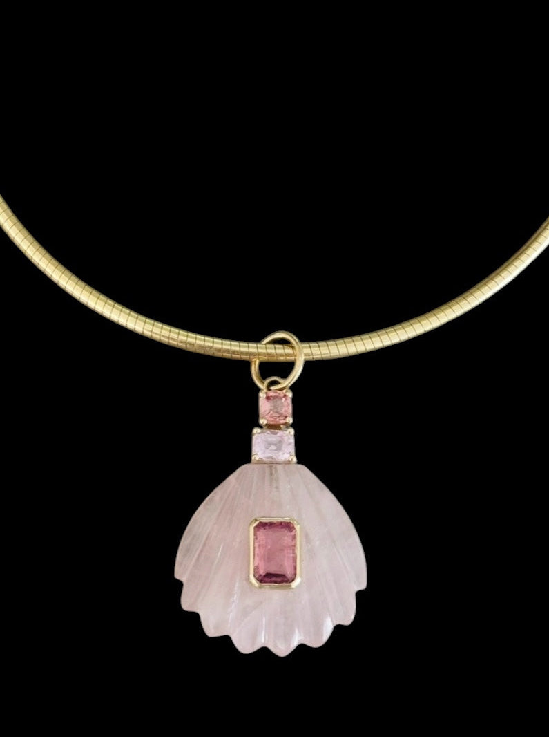 Rose Quartz Sea Shell Pendant with Pink Tourmaline & Spinel