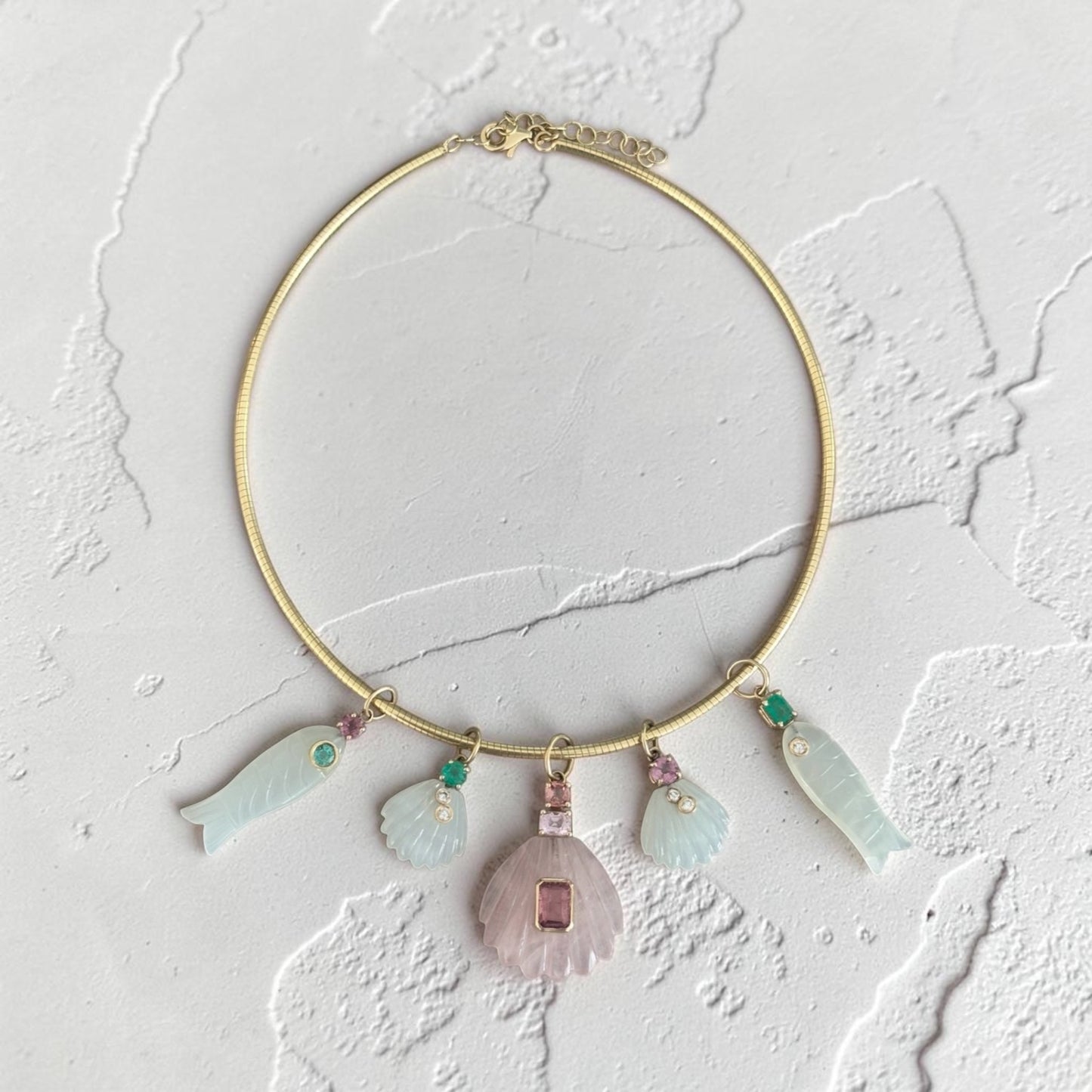 Moonstone Sea Shell Pendant with Diamonds and Pink Spinel