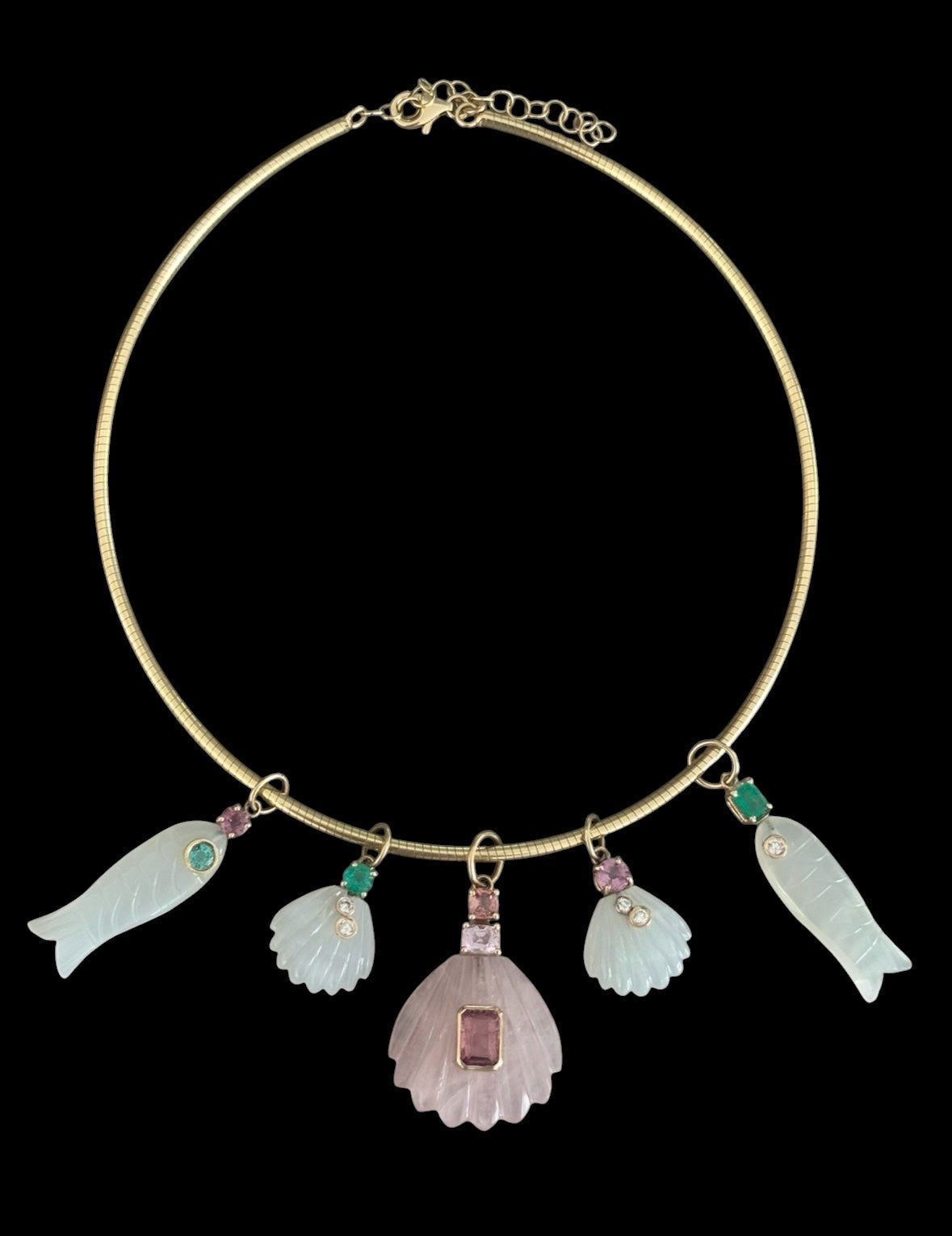 Moonstone Sea Shell Pendant with Diamonds and Pink Spinel