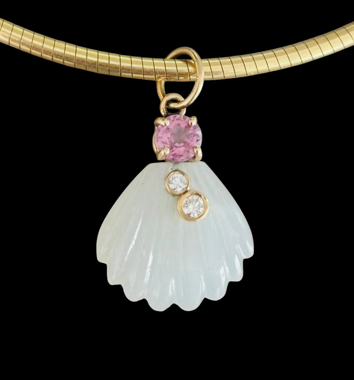 Moonstone Sea Shell Pendant with Diamonds and Pink Spinel