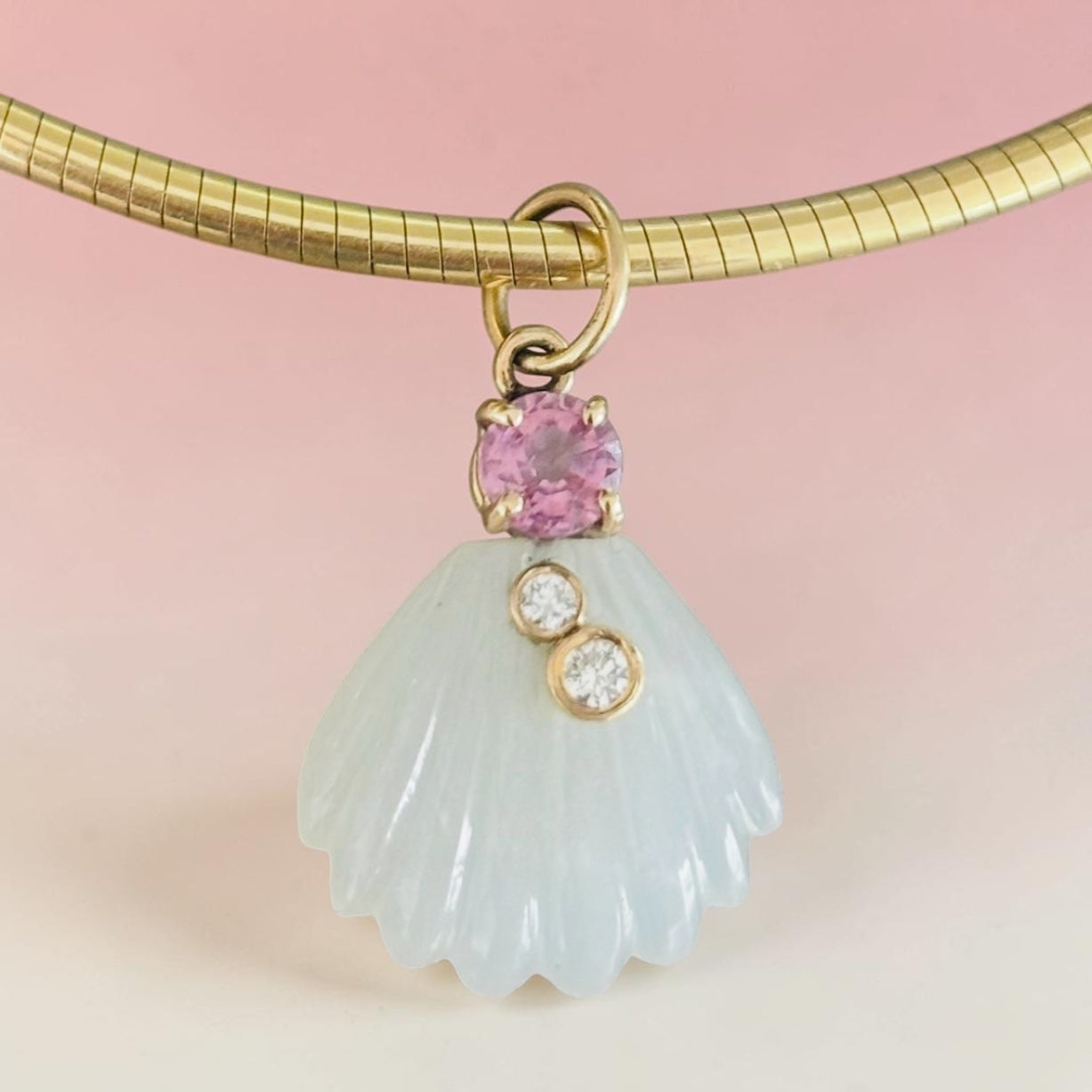 Moonstone Sea Shell Pendant with Diamonds and Pink Spinel