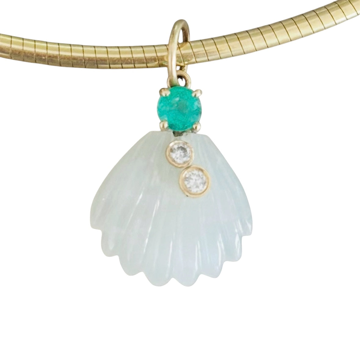 Moonstone Sea Shell Pendant with Diamonds & Emerald