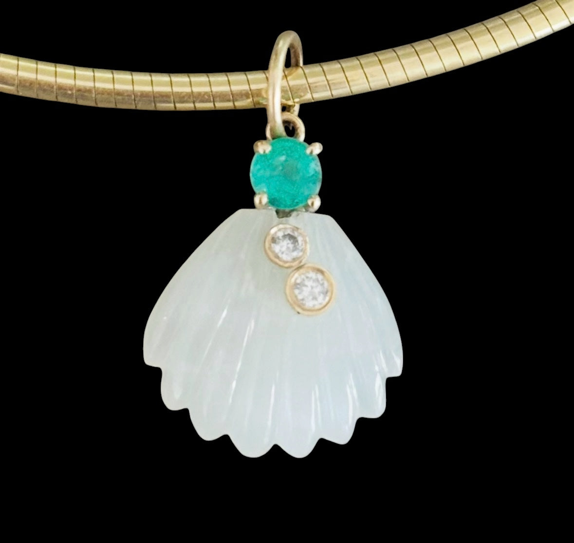Moonstone Sea Shell Pendant with Diamonds & Emerald