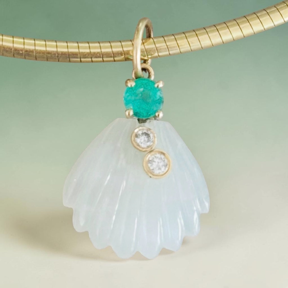 Moonstone Sea Shell Pendant with Diamonds & Emerald
