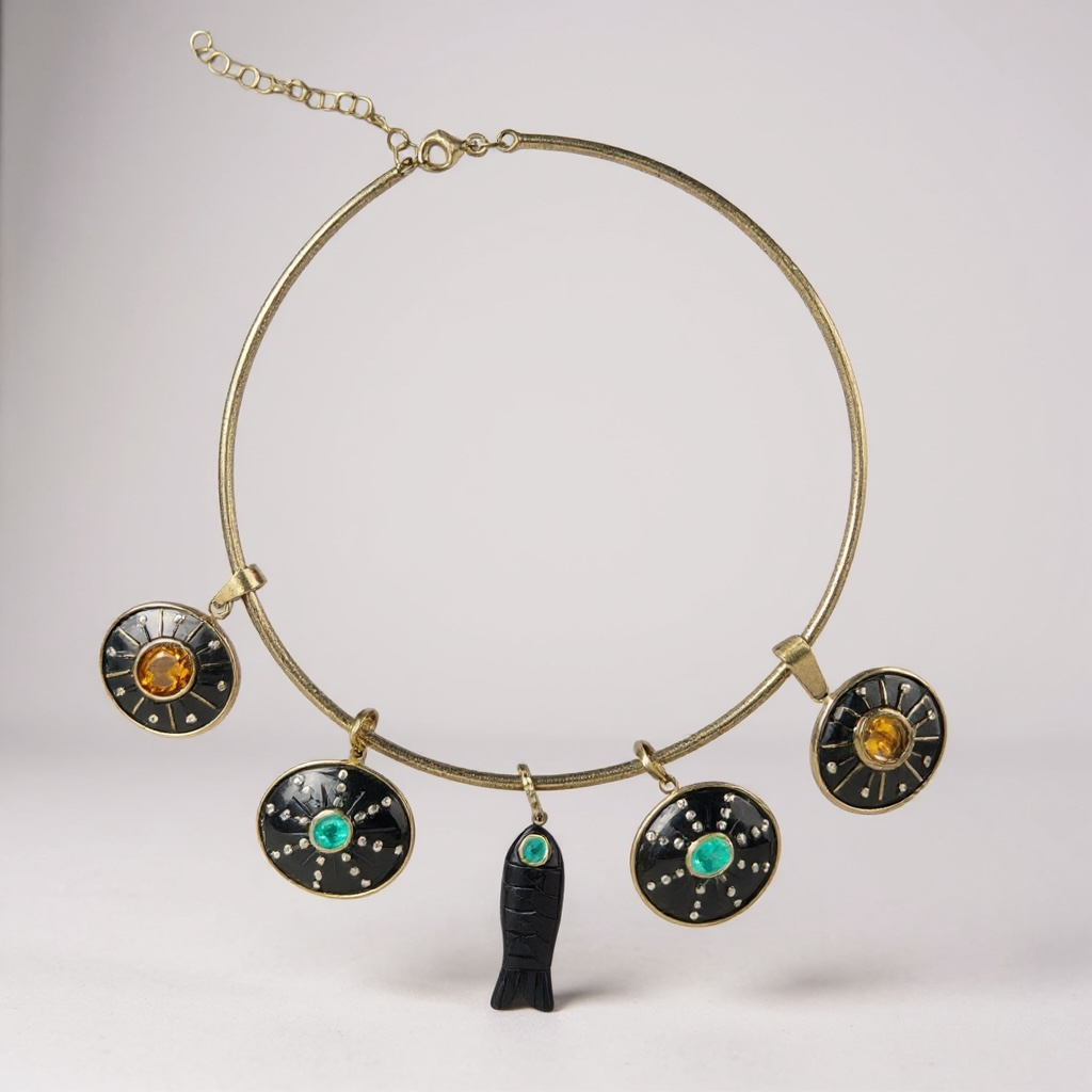 SOL Pendant, Black Onyx with Oval Emerald & Diamond Sunrays