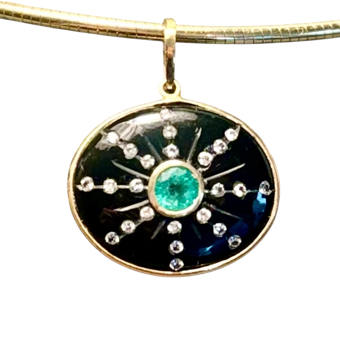 SOL Pendant, Black Onyx with Round Emerald and Diamond Sun Rays