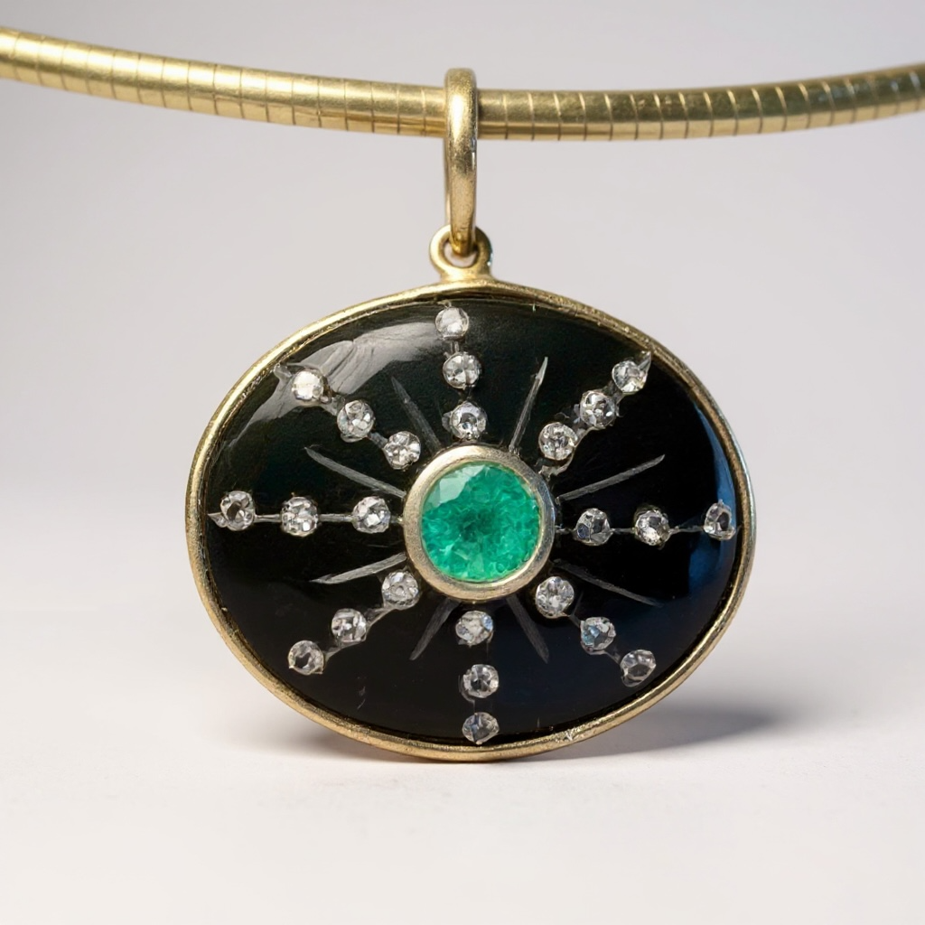 SOL Pendant, Black Onyx with Round Emerald and Diamond Sun Rays