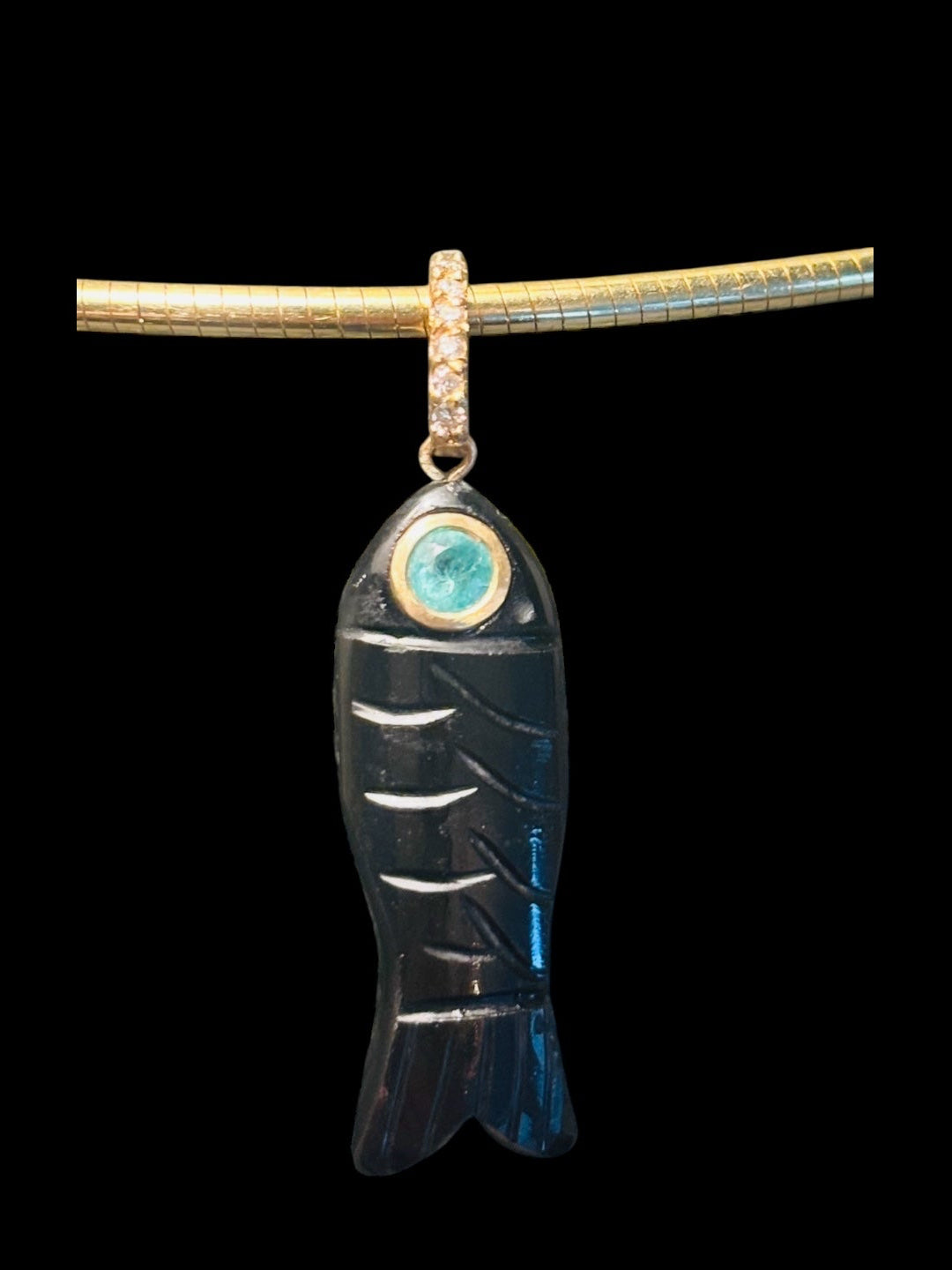 Poisson Pendant: Black Onyx with Emerald and Diamonds