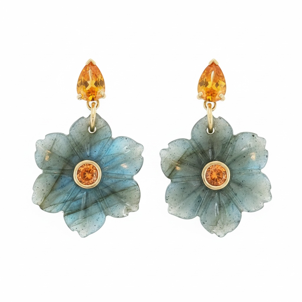 FLORA Earrings, Labradorite with Mandarin Garnets and Diamonds