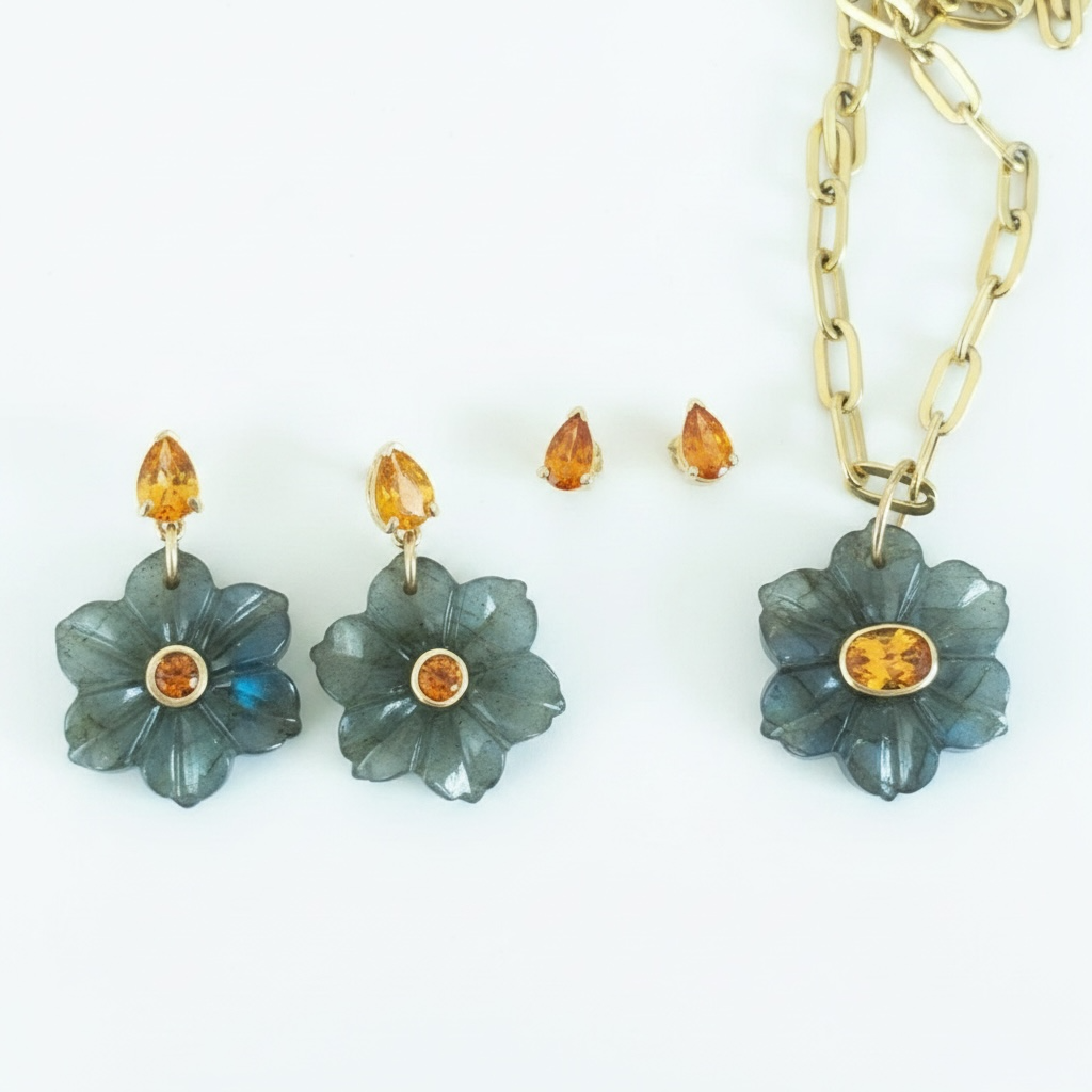 FLORA Pendant, Labradorite with Mandarin Garnet