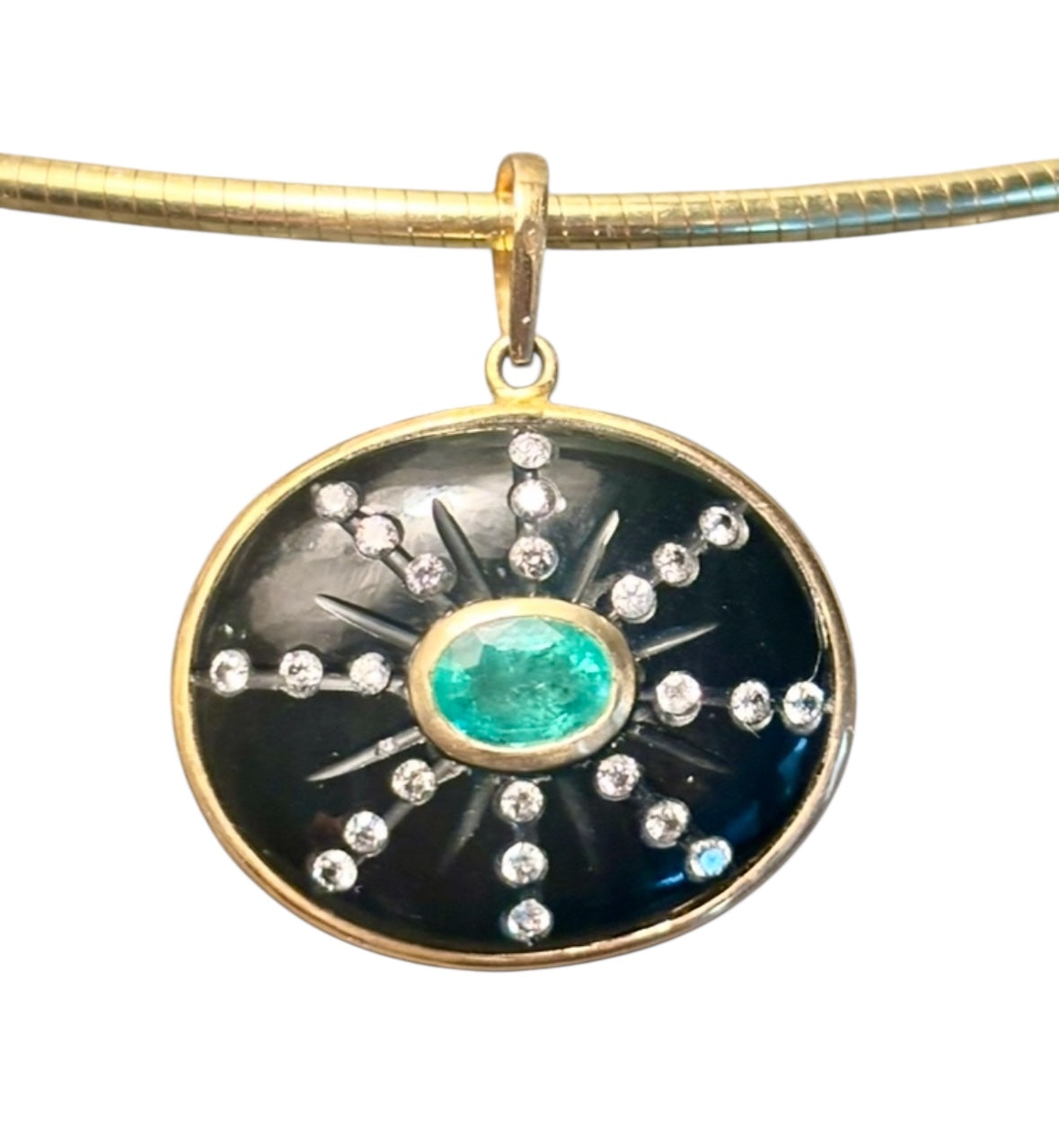SOL Pendant, Black Onyx with Oval Emerald & Diamond Sunrays