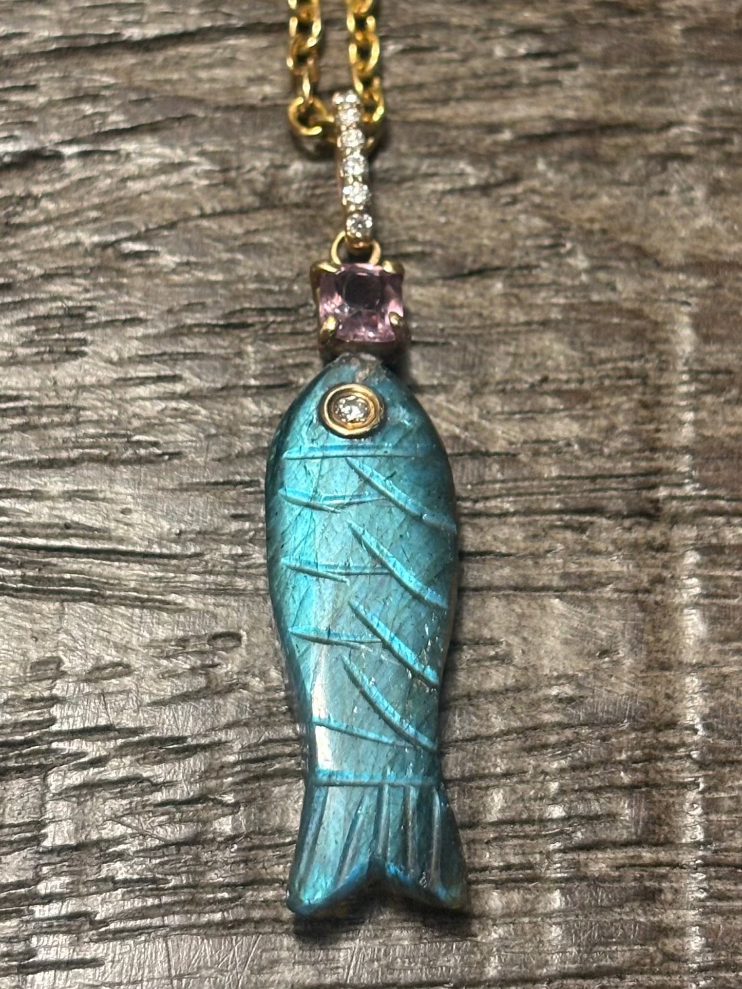 Poisson Pendant: Labradorite Fish with Diamond Eye and Pink Spinel with Diamond Bail