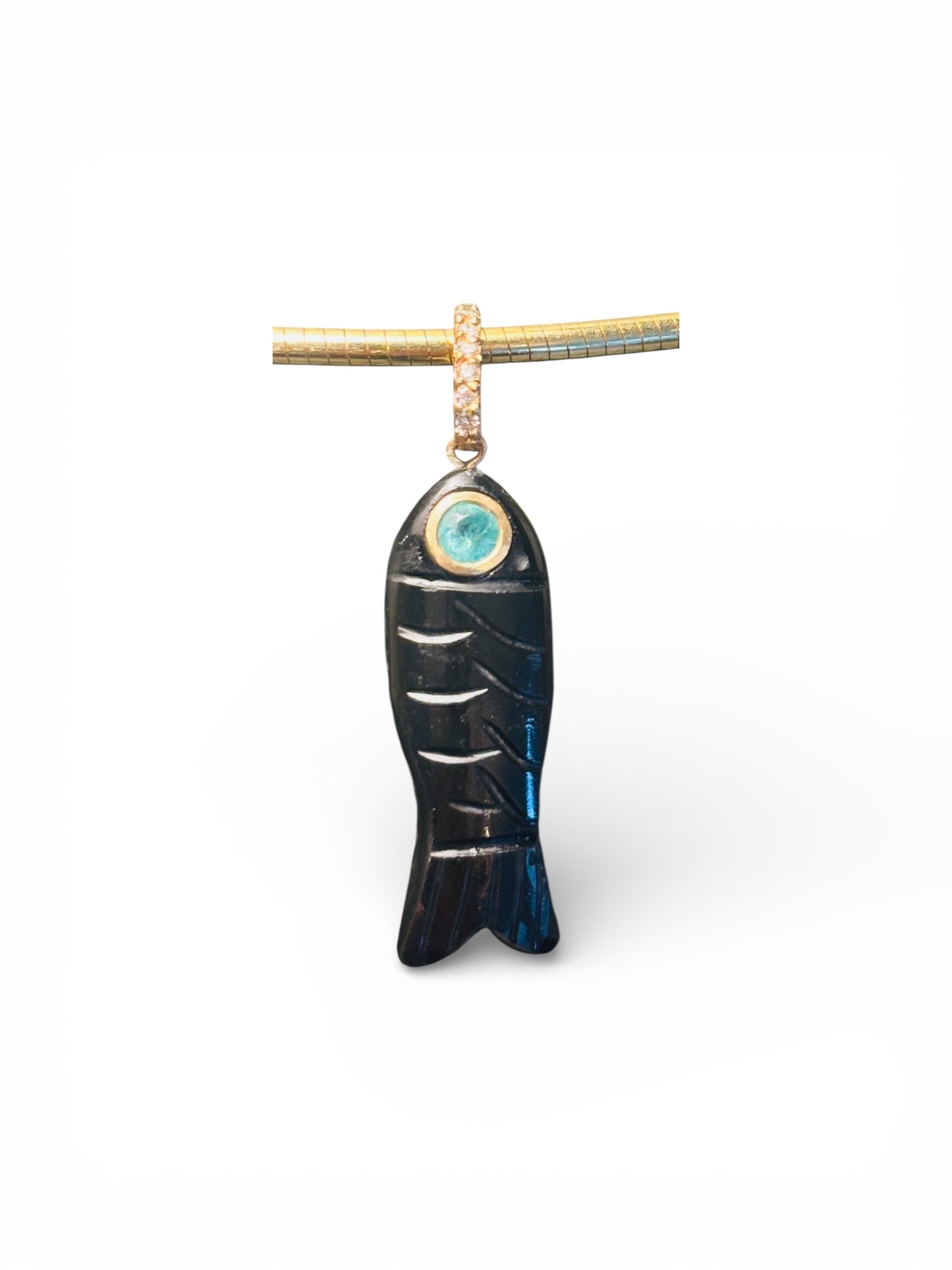 Poisson Pendant: Black Onyx with Emerald and Diamonds