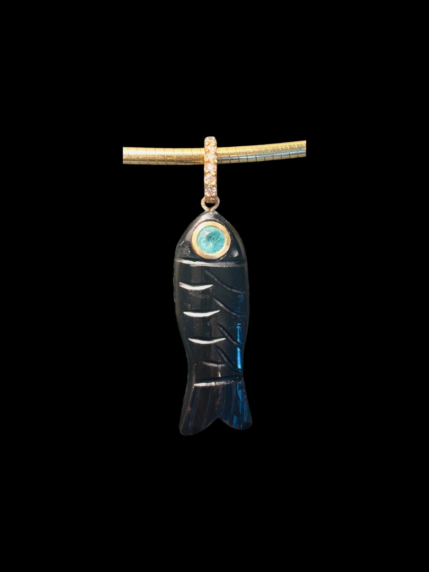 Poisson Pendant: Black Onyx with Emerald and Diamonds
