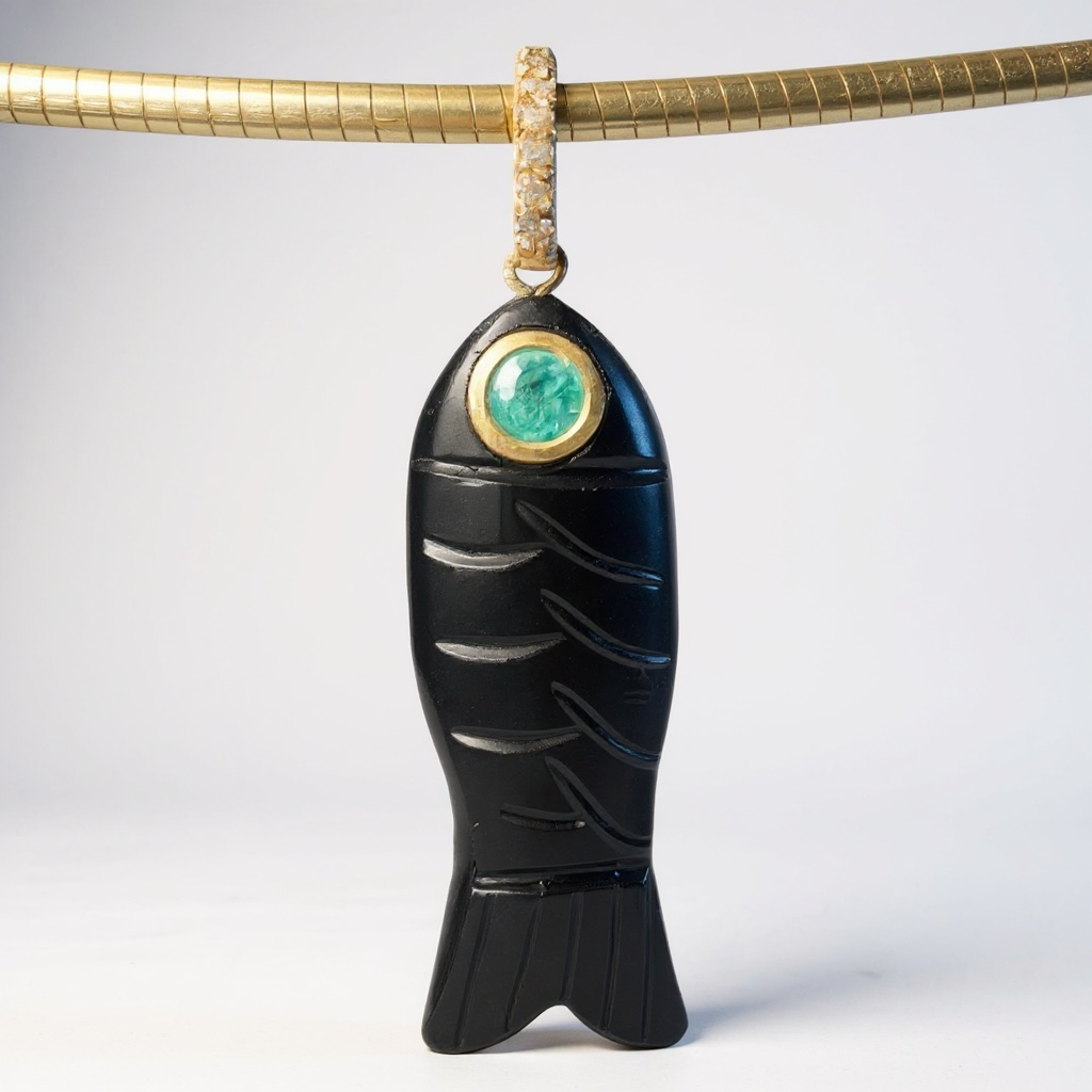 Poisson Pendant: Black Onyx with Emerald and Diamonds
